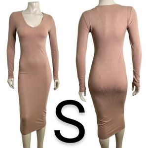 🆕Brown Tan Long Sleeve Ribbed Bodycon Midi Dress~Size S